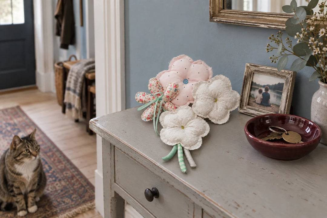Fabric flowers, a family photograph and a burgundy key bowl on a console beside a tabby cat.