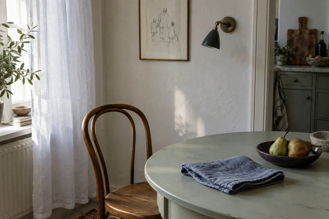 Blue linen napkin and a bowl of pears on a pale green dining table beside a window.