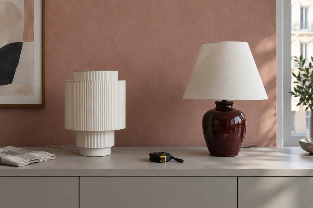 Two table lamps with contrasting shades and bases on a console beside a measuring tape.