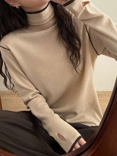 Contrast Stitch Turtleneck Wool Sweater