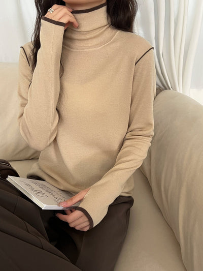 Contrast Stitch Turtleneck Wool Sweater