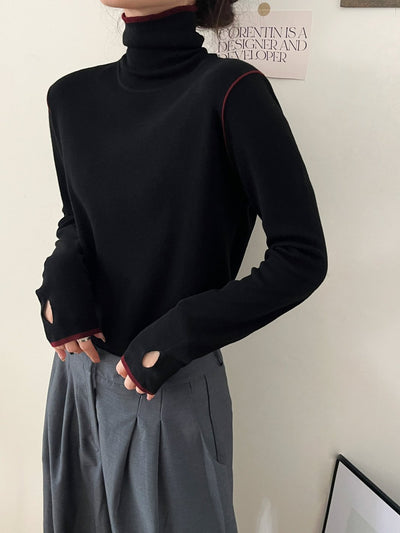 Contrast Stitch Turtleneck Wool Sweater