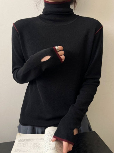 Contrast Stitch Turtleneck Wool Sweater