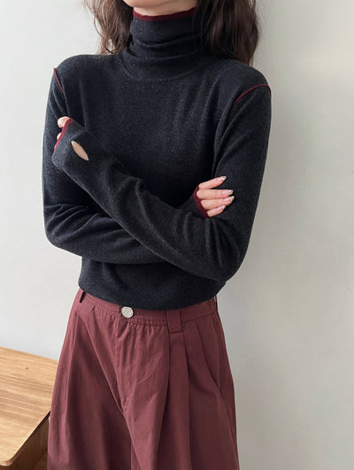 Contrast Stitch Turtleneck Wool Sweater