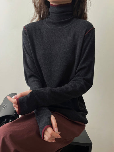 Contrast Stitch Turtleneck Wool Sweater