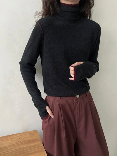 Contrast Stitch Turtleneck Wool Sweater