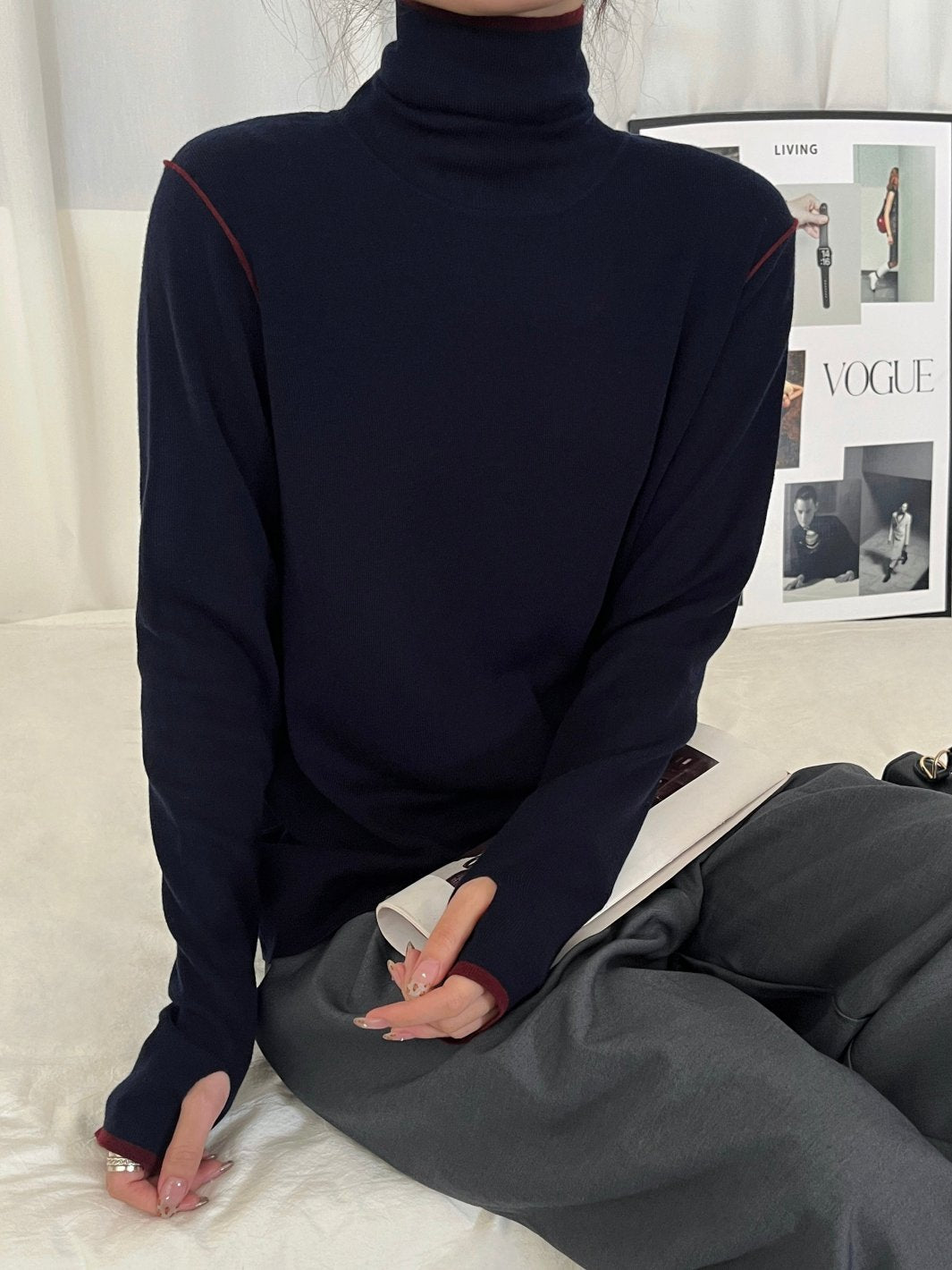 Contrast Stitch Turtleneck Wool Sweater