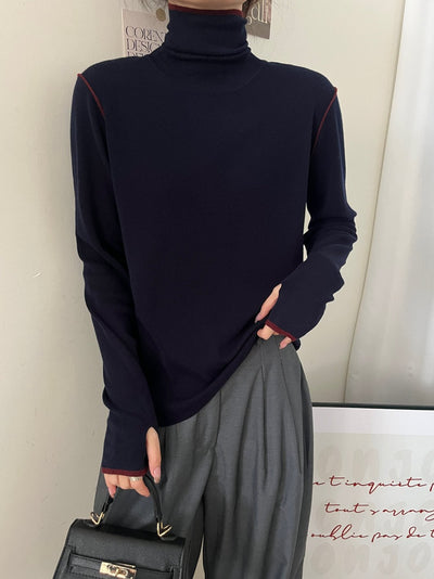 Contrast Stitch Turtleneck Wool Sweater