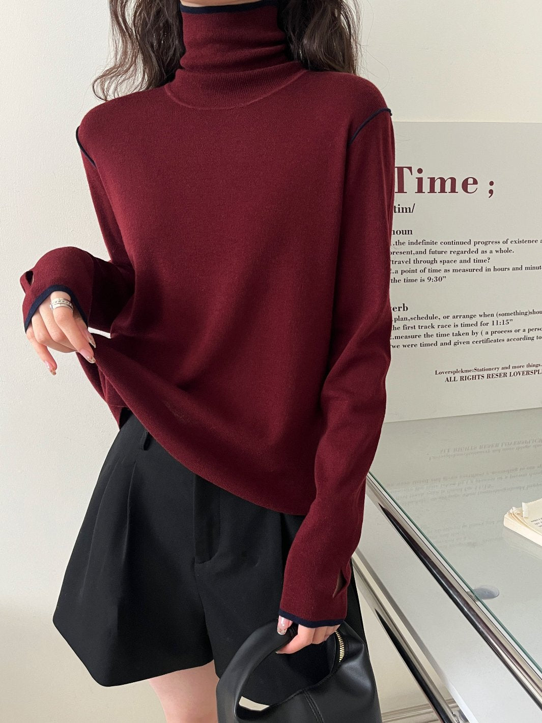 Contrast Stitch Turtleneck Wool Sweater