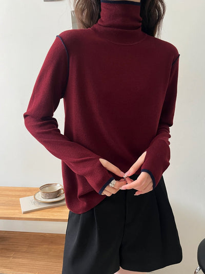 Contrast Stitch Turtleneck Wool Sweater