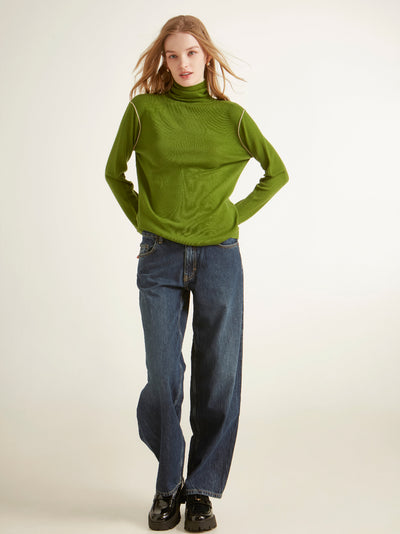 Contrast Stitch Turtleneck Wool Sweater