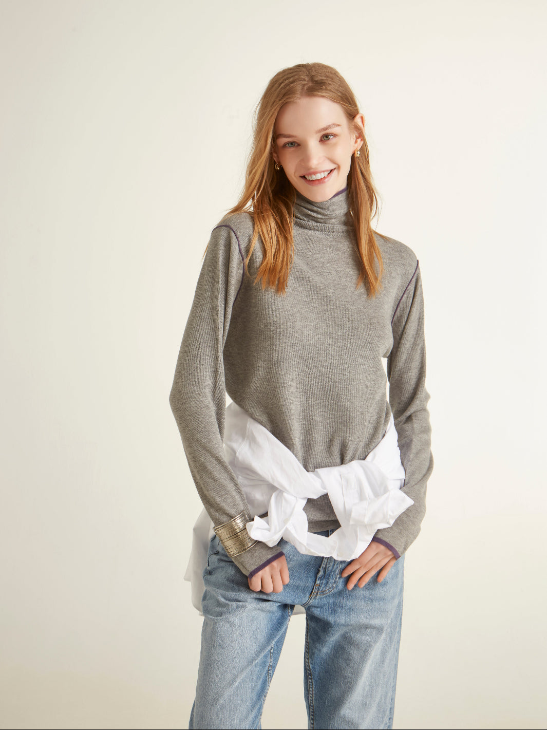 Contrast Stitch Turtleneck Wool Sweater