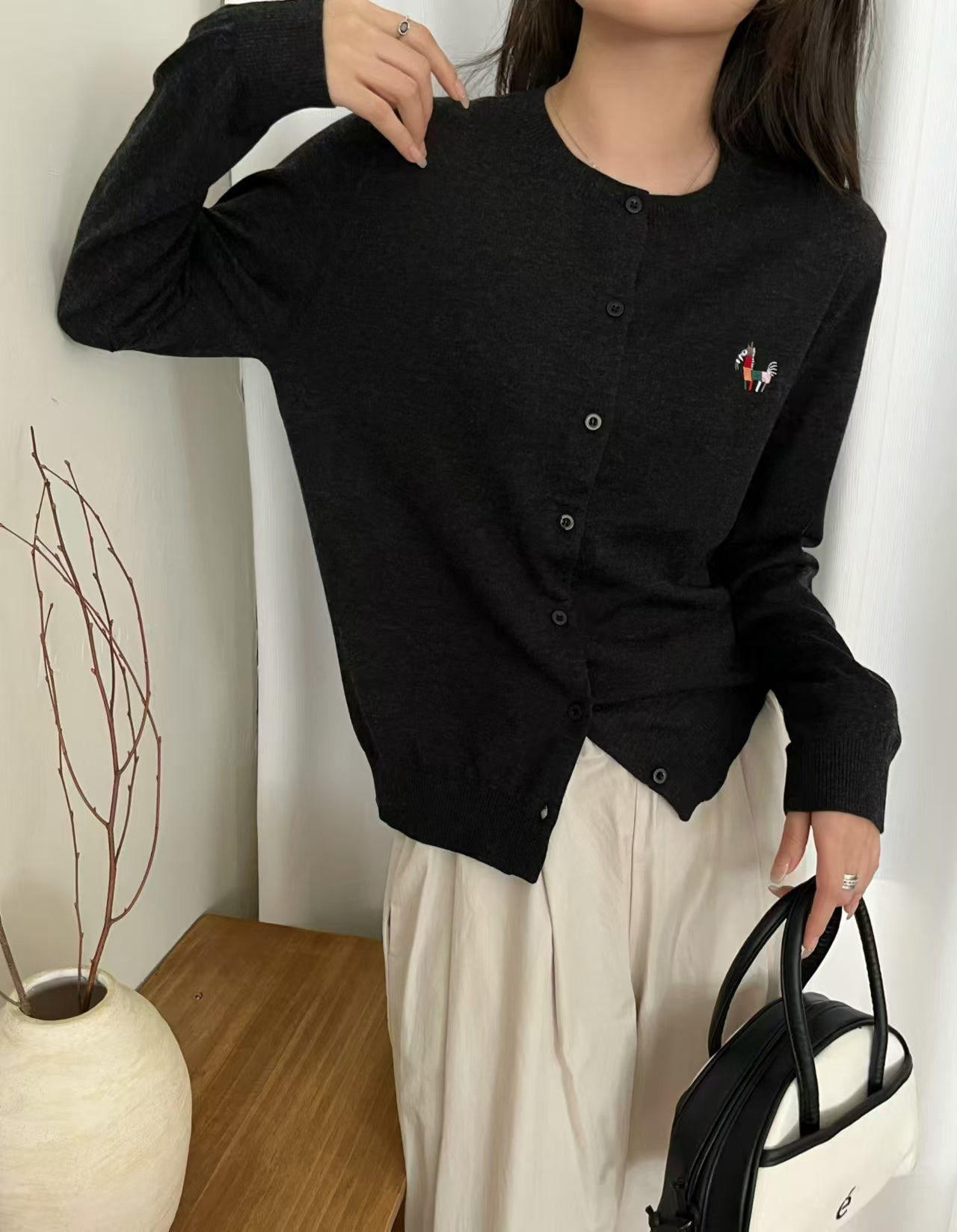 Knitted Wool Cardigan Embroidered Charm