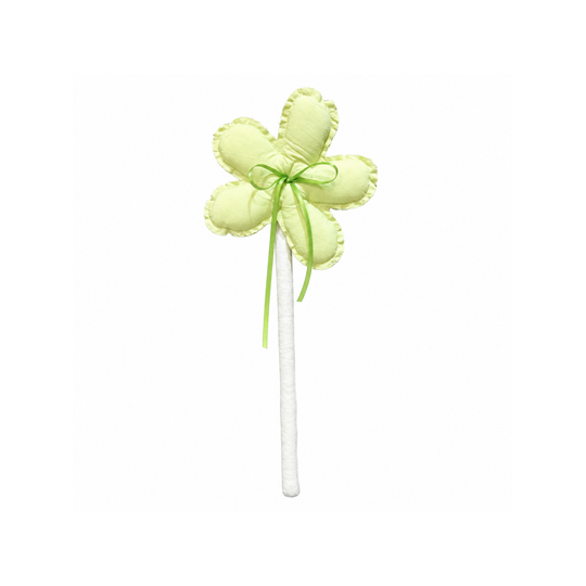 Handmade lime ribbon bloom fabric flower stem on white background