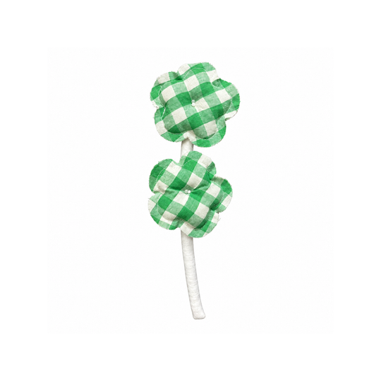 Handmade green gingham double bloom fabric flower stem on white background