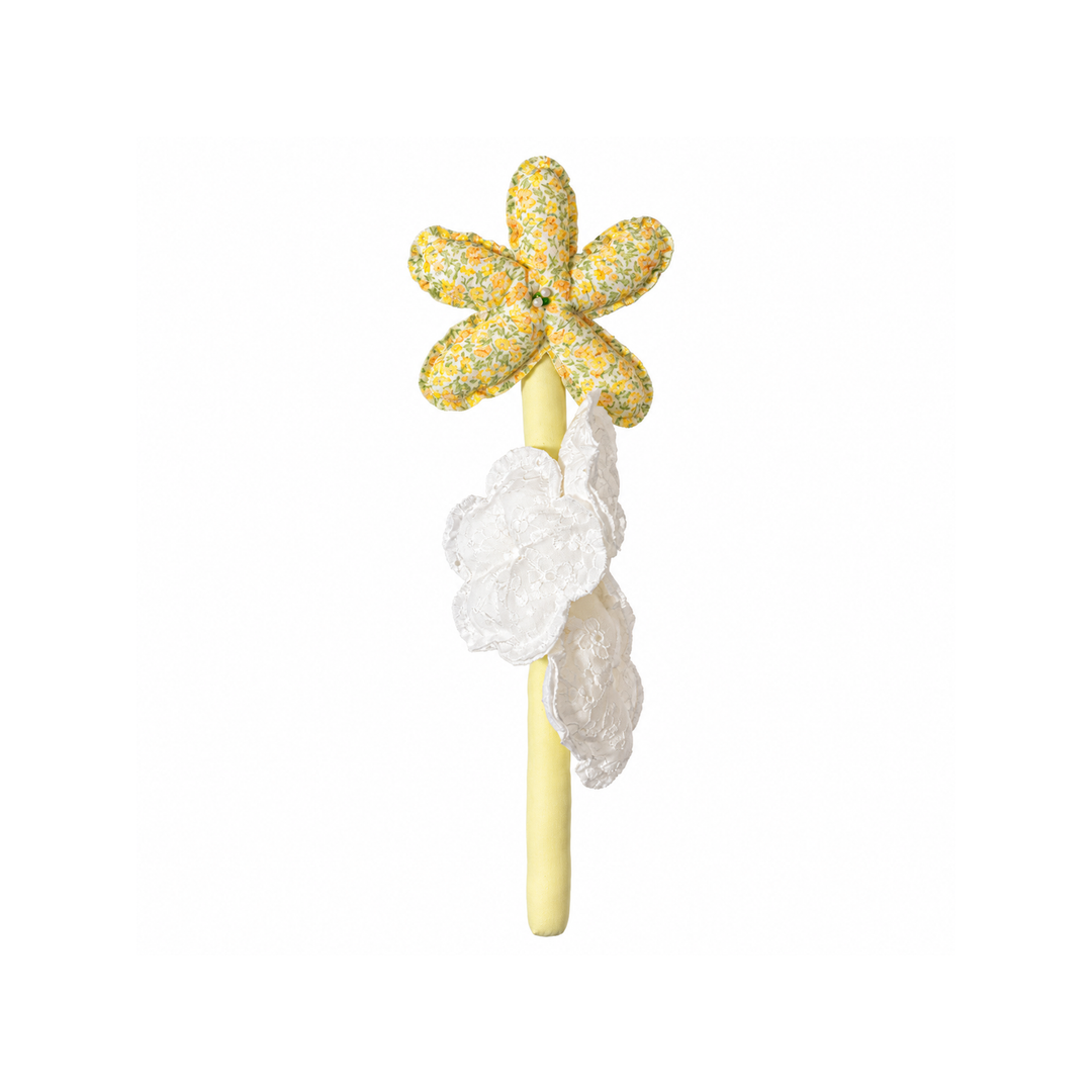 Handmade yellow floral lace spray fabric flower stem on white background