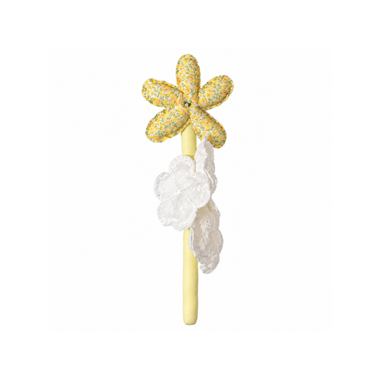 Handmade yellow floral lace spray fabric flower stem on white background
