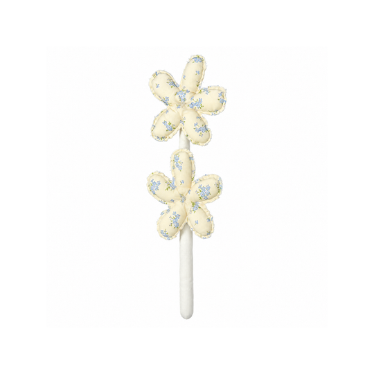 Handmade blue floral double bloom fabric flower stem on white background