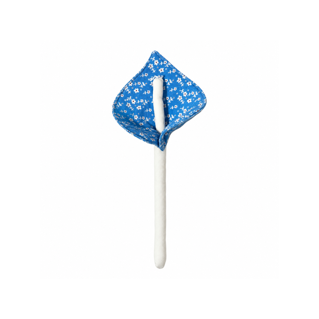 Handmade blue floral calla fabric flower stem on white background