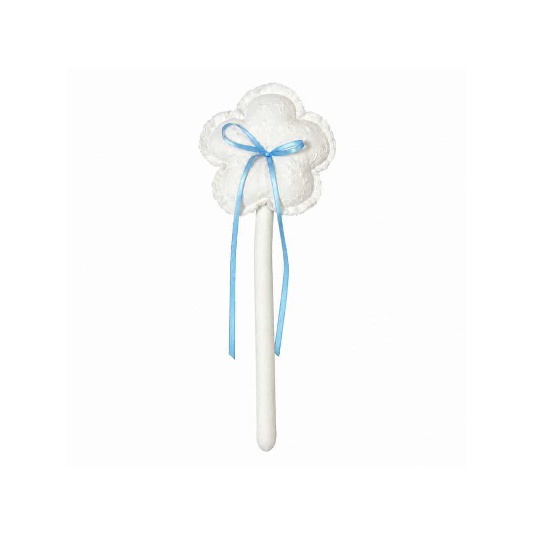 Handmade white lace blue bow bloom fabric flower stem on white background