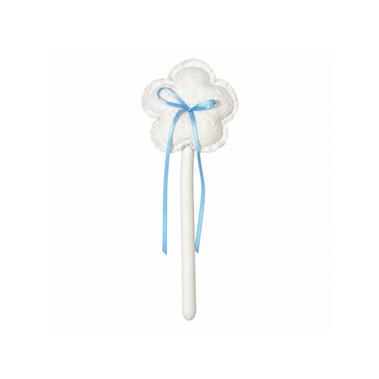 Handmade white lace blue bow bloom fabric flower stem on white background