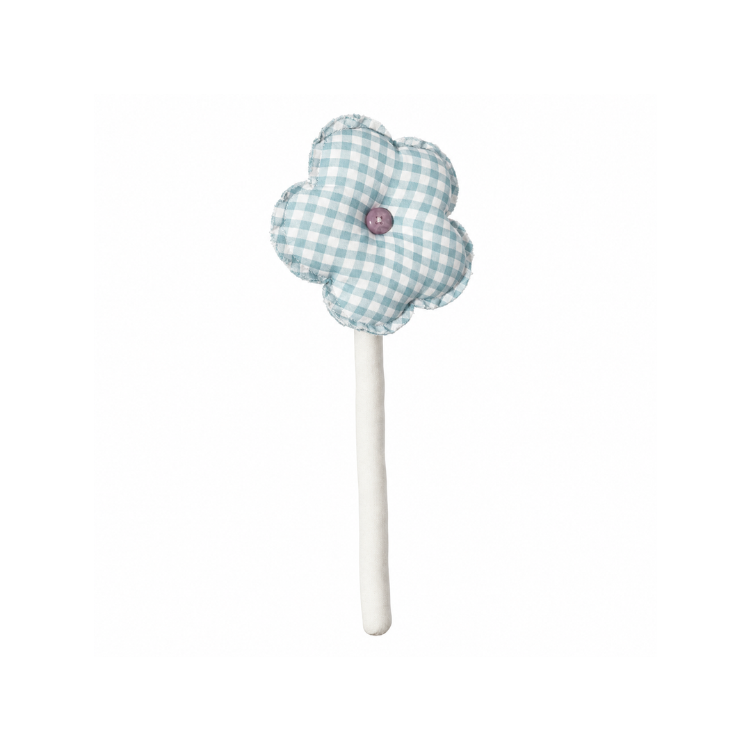Handmade blue gingham button bloom fabric flower stem on white background