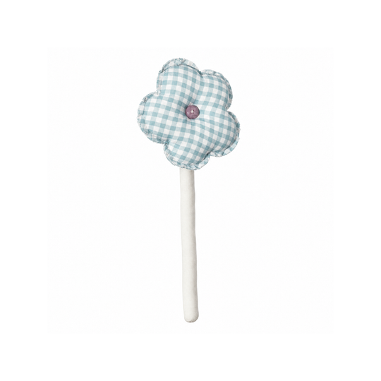Handmade blue gingham button bloom fabric flower stem on white background