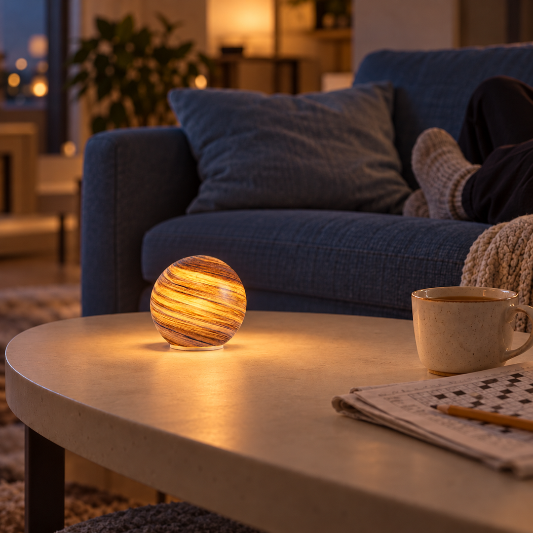 Amber and blue Eon table lamp on a coffee table beside a mug and crossword.
