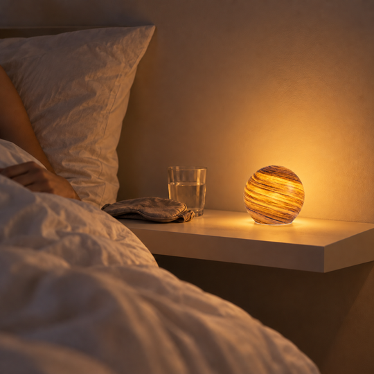 Eon table lamp glowing on a bedside table beside a glass of water.