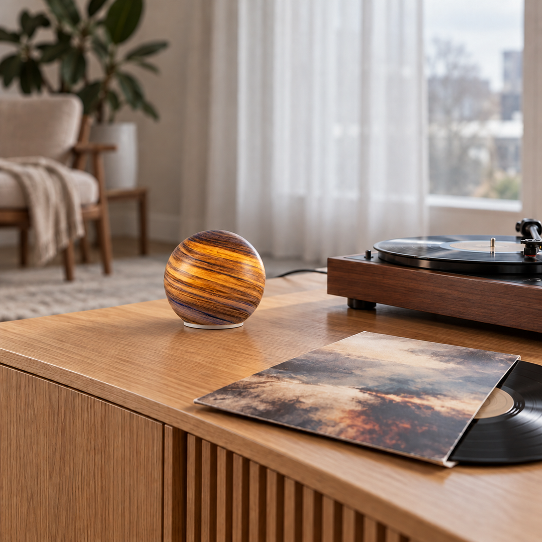 Eon table lamp on a wooden sideboard beside a record player.