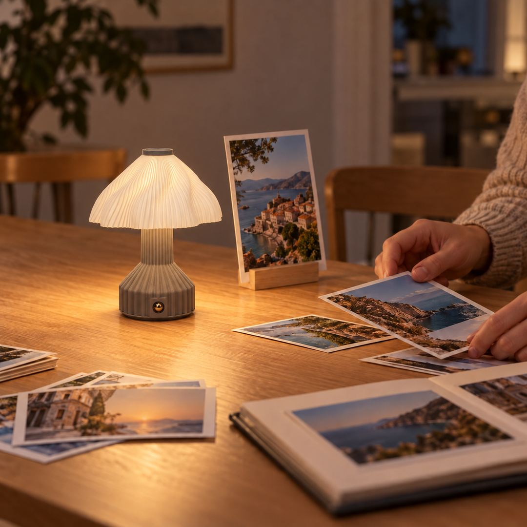 Frilla table lamp glowing on a table while travel photographs are sorted.