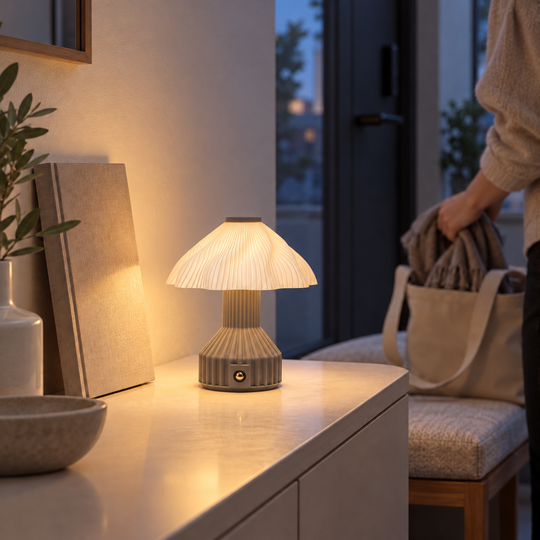 Frilla table lamp lighting an entryway as a bag is packed.