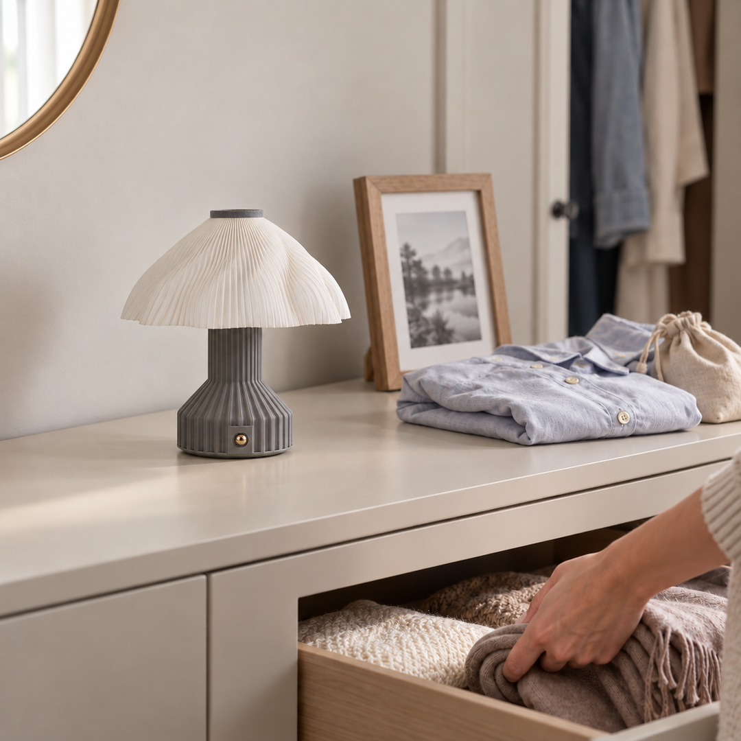 Frilla table lamp on a dresser beside folded clothes in daylight.