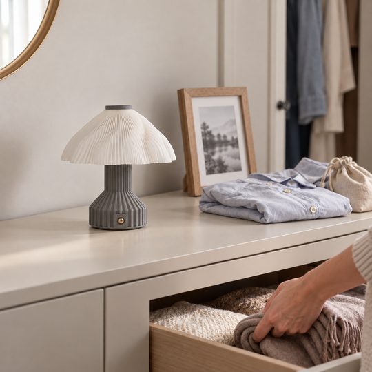 Frilla table lamp on a dresser beside folded clothes in daylight.
