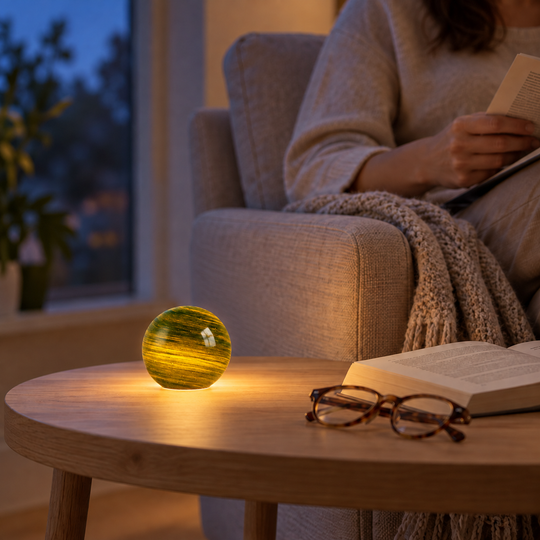 Orbis table lamp glowing beside books and a reader in an armchair.