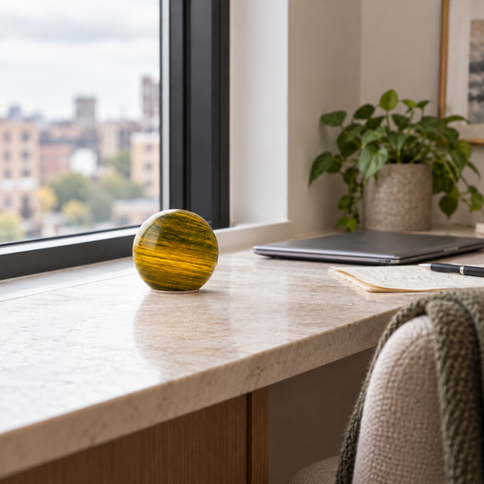Orbis table lamp on a daylight desk beside a laptop and papers.