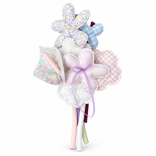 Pastel fabric bouquet with floral prints, gingham, lace and lilac bow — front view