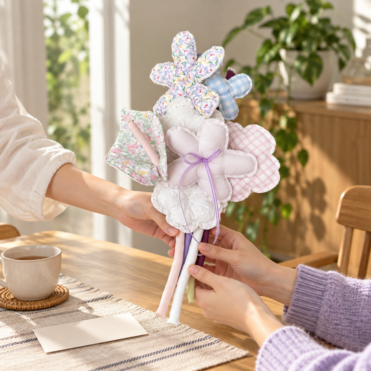Hands passing a pastel handmade fabric bouquet as a gift in a home