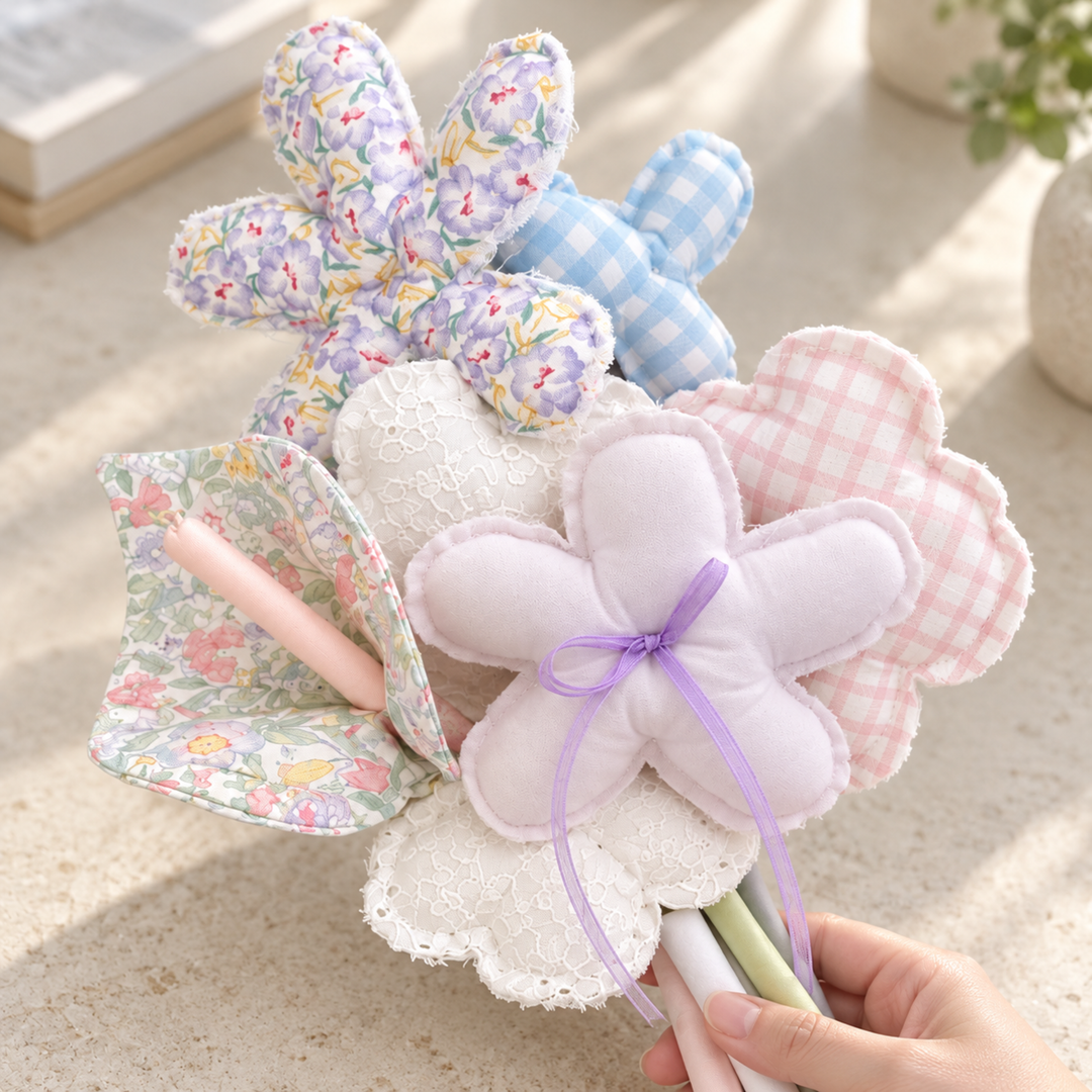 Pastel floral-print and gingham fabric flowers with white lace and lilac bow