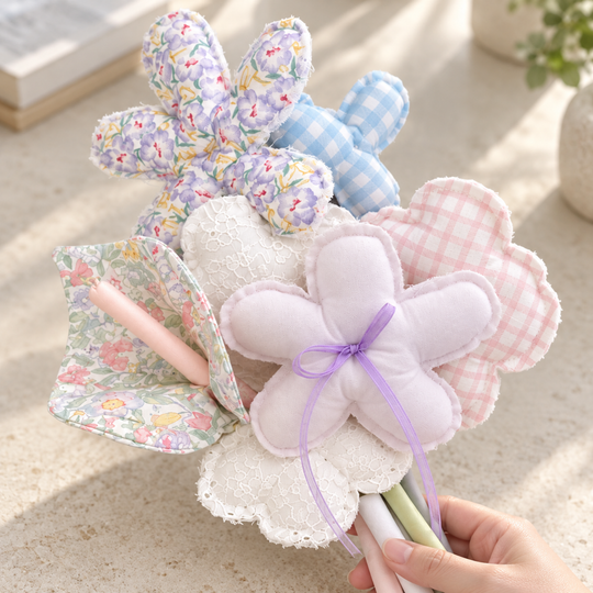 Pastel floral-print and gingham fabric flowers with white lace and lilac bow