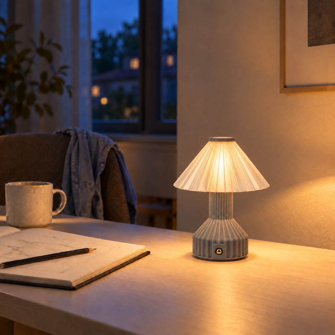 Vela table lamp illuminating an open notebook on an evening desk.