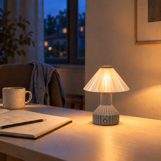 Vela table lamp illuminating an open notebook on an evening desk.