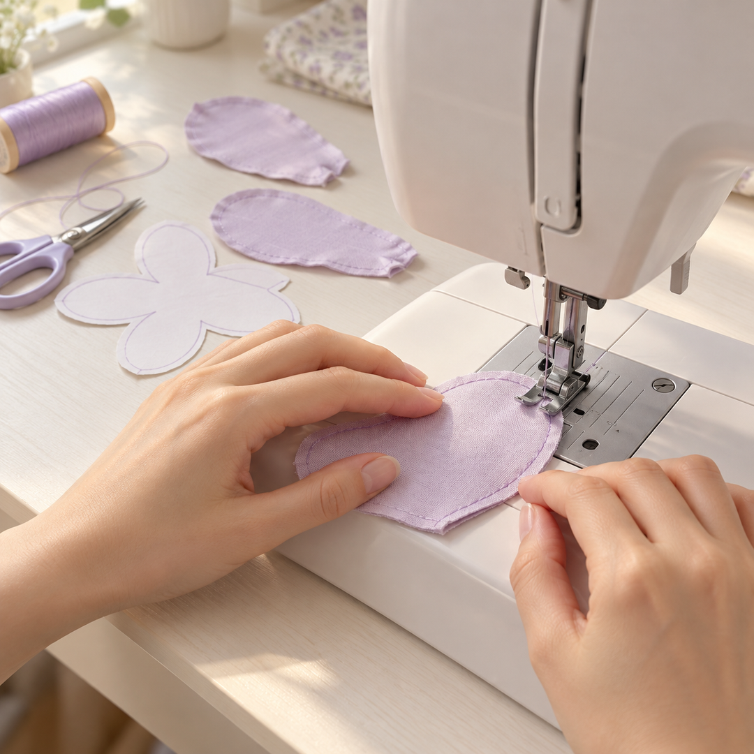 Hands guide lilac fabric petal pieces beneath a sewing machine presser foot.