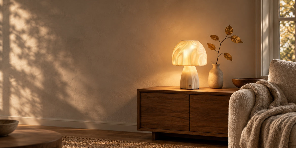 Warm lamp light, wood and soft textiles in an autumn interior.