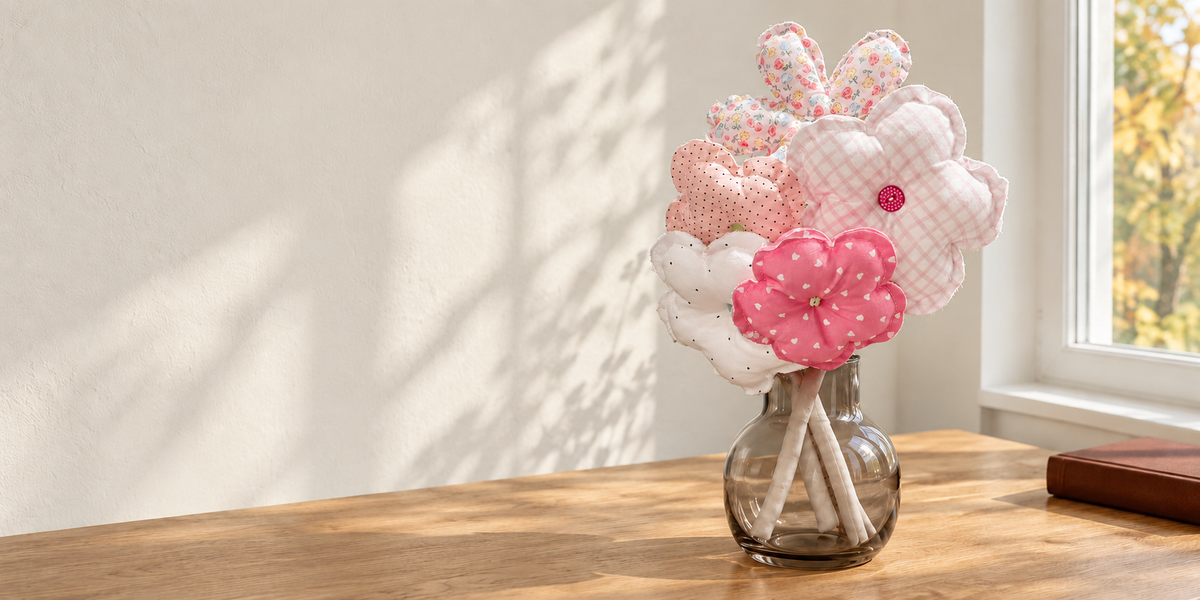 Pink patterned fabric blooms in a smoky glass vase by a softly lit window.