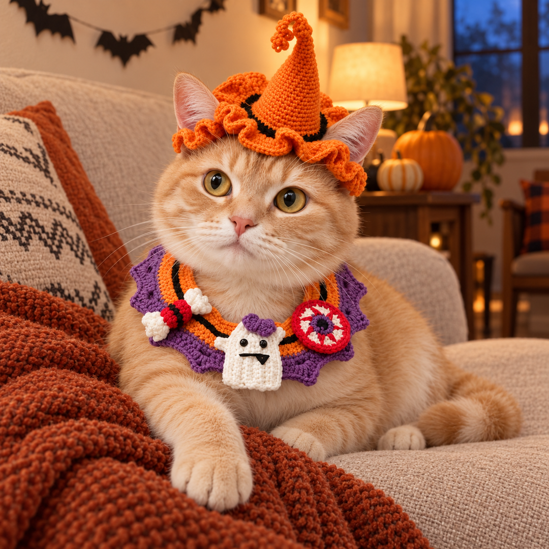 Ginger cat wearing the orange witch hat and ghost-and-candy collar on a sofa.