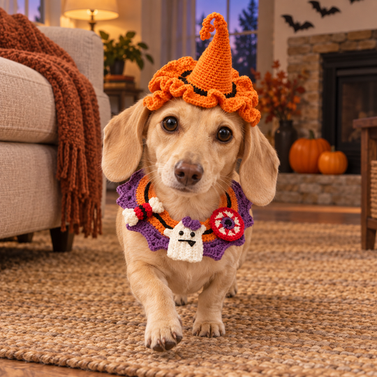 Cream dachshund wearing the orange witch hat and ghost-and-candy collar in a Halloween living room.