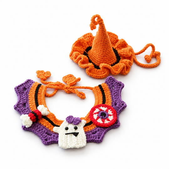 Orange crochet witch hat with a purple-and-orange collar, ghost and candy decorations.