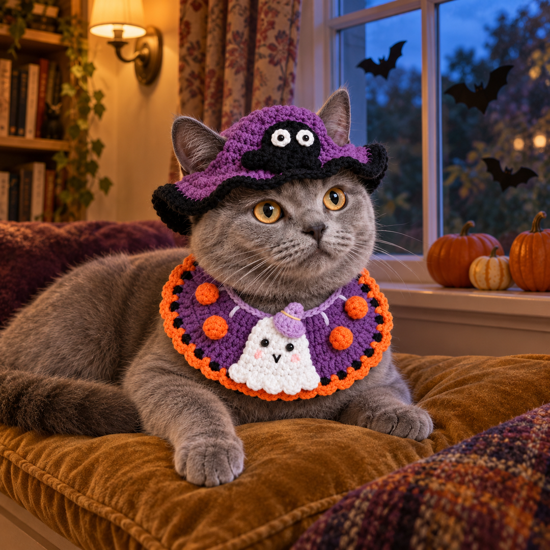 Grey cat wearing the purple ghost hat and collar beside a window decorated for Halloween.