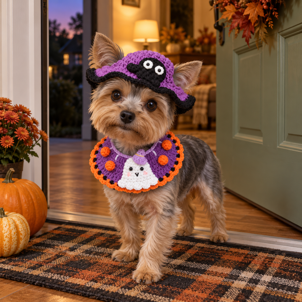 Yorkshire terrier wearing the purple ghost hat and collar at a pumpkin-decorated doorway.